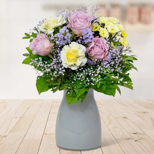 - Bouquet Of Lilac Roses & Yellow Carnations