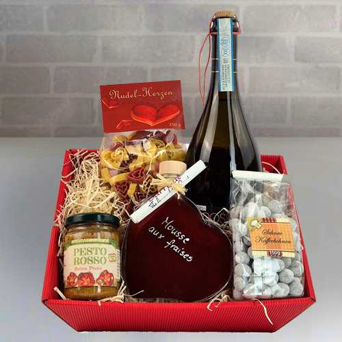 - Romantic Gift Basket With Wine And Treats