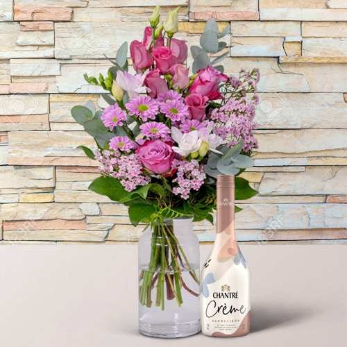 Floral Delight Bouquet-Valentine Pink Flower Bouquet & Liqueur Gift