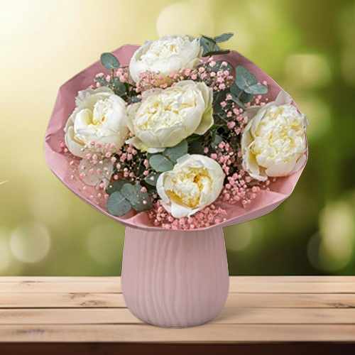 White Peony & Gypsophila Bouquet For Germany