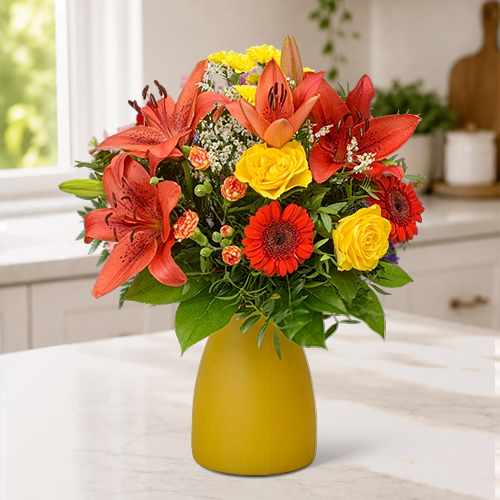 Romantic Red Lily & Yellow Rose Bouquet Delivery