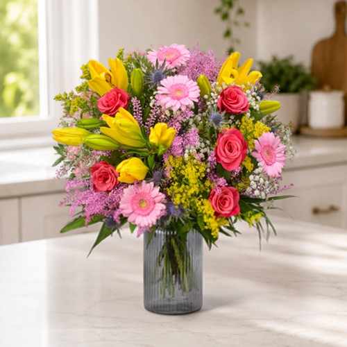 Luxury Yellow Lily & Pink Rose Summer Bouquet Delivery
