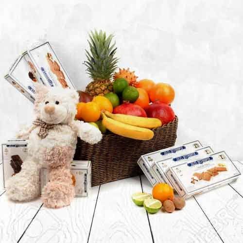 Mixed Fuits With Teddy And Buiscuit-Gifts To Send To Sick Friend