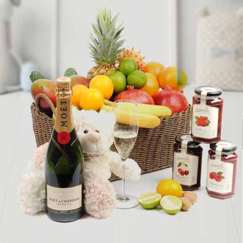 Fruit Basket With Champagne N Jam-Best Gifts For Expecting Parents