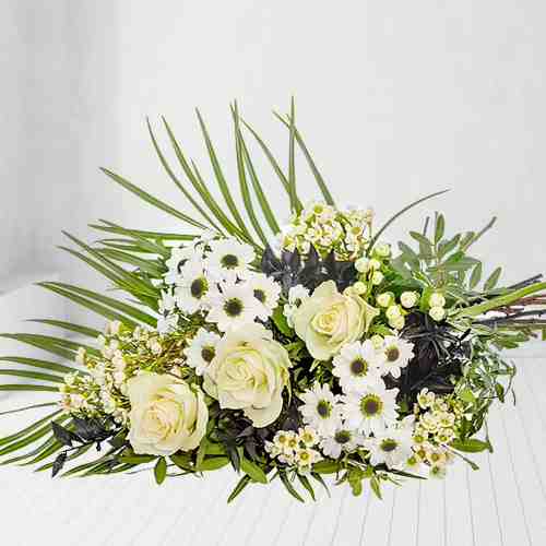 White Rose And Wax Flower Bouquet-Bouquets For Funerals