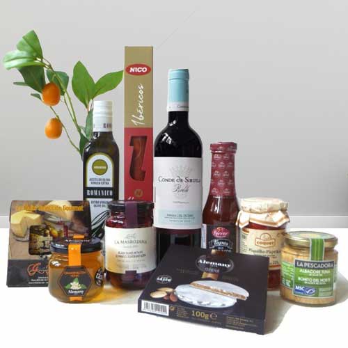 Spanish Delight Hamper-Red Wine With Cheese And Sausages Basket For Winter